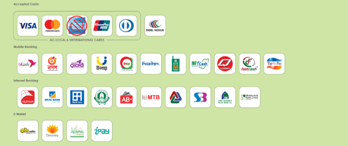 Accepted Payment Methods - Visa, MasterCard, bKash, Nagad, Rocket, Internet Banking